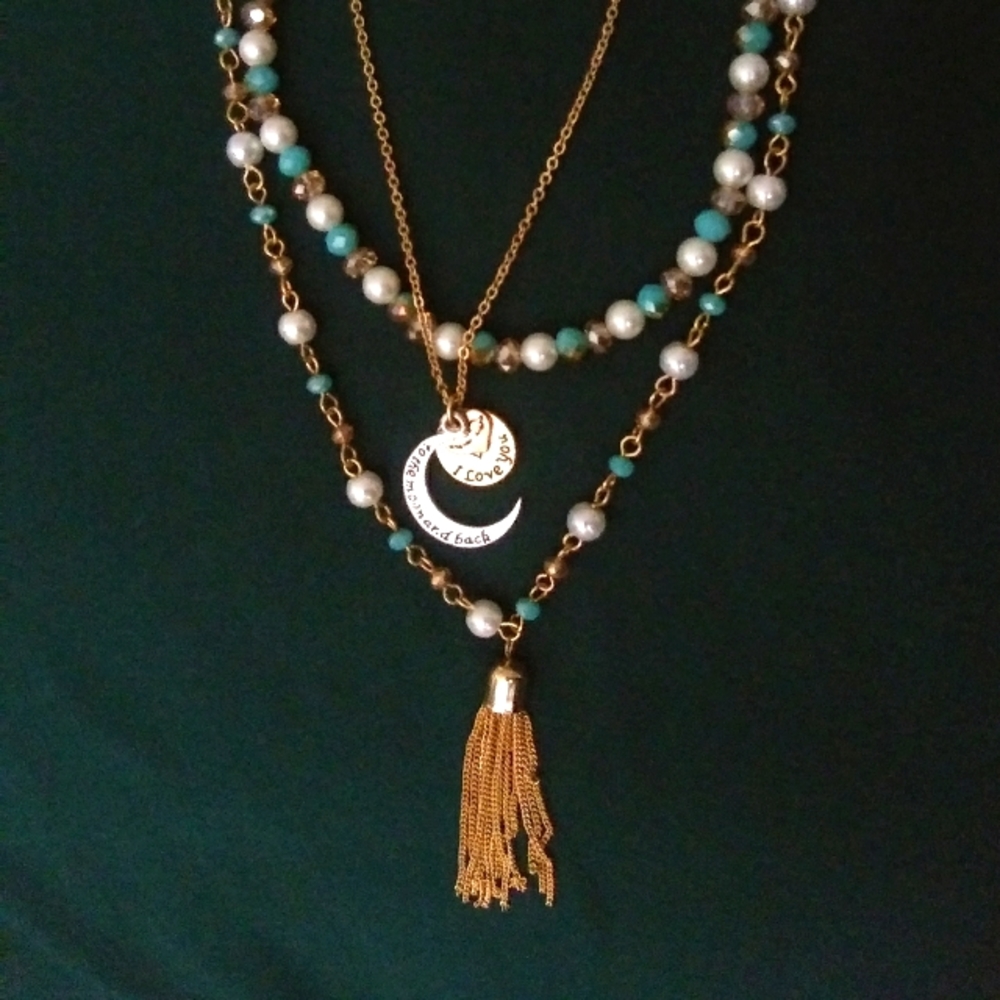 Love You to the Moon and Back. 3 Charms/3 Strand Necklace Choker Pendant